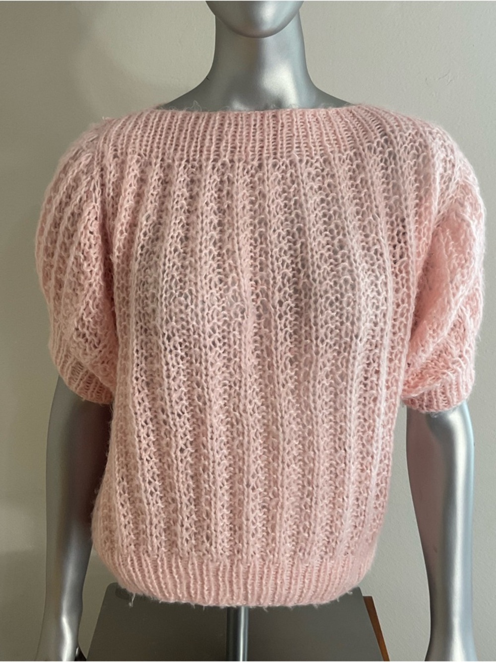 Anita Holliday wearable art 80’s pink crochet top, mohair blend puff sleeve
